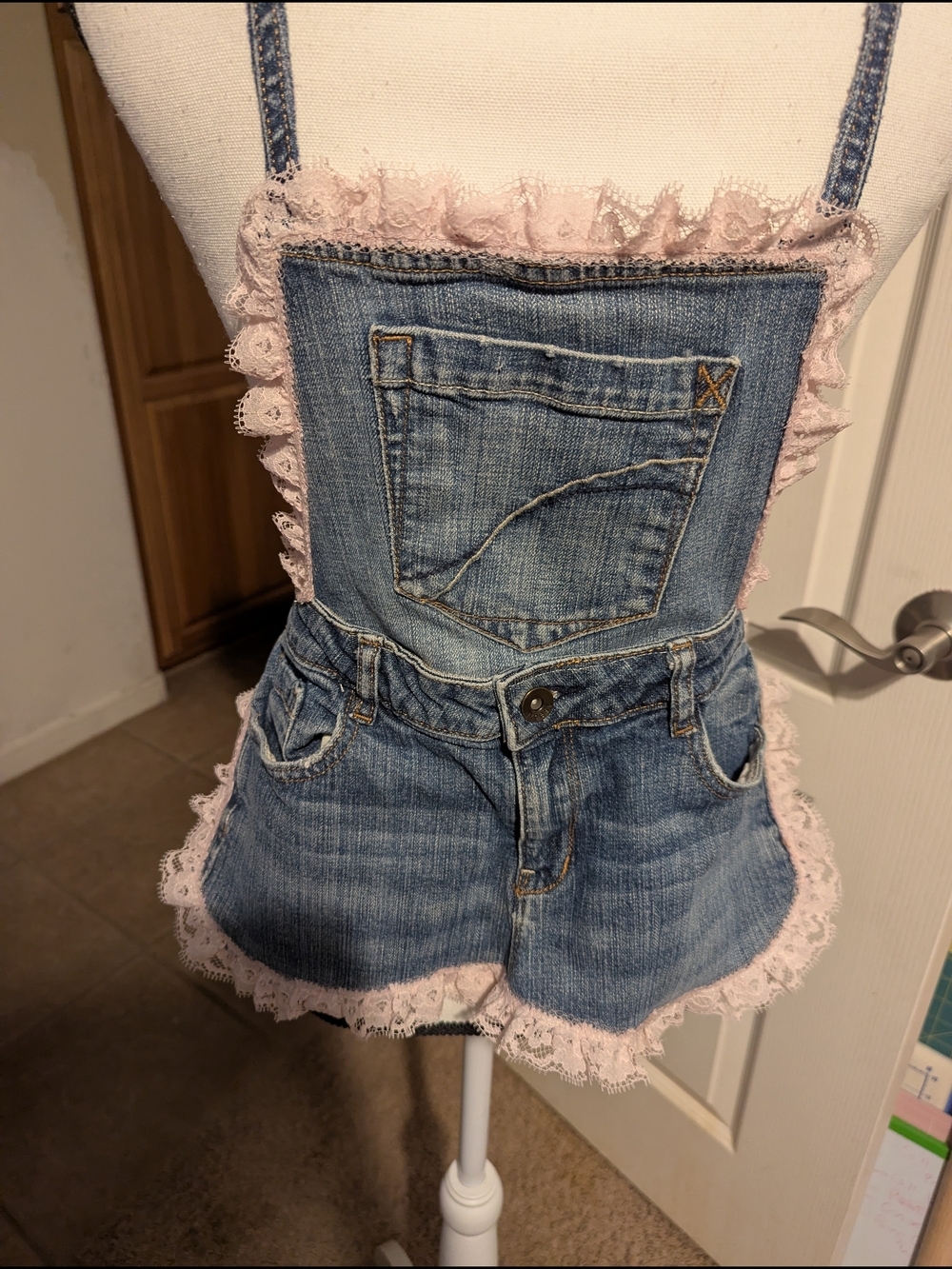 Denim Lace Apron Trim Overalls - Blue and Light Pink